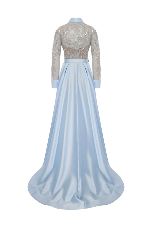 Li Beirut M1102 – Baby Blue & Gold Long Sleeve Lace Beaded Gown with Collar, Belt & Satin Skirt