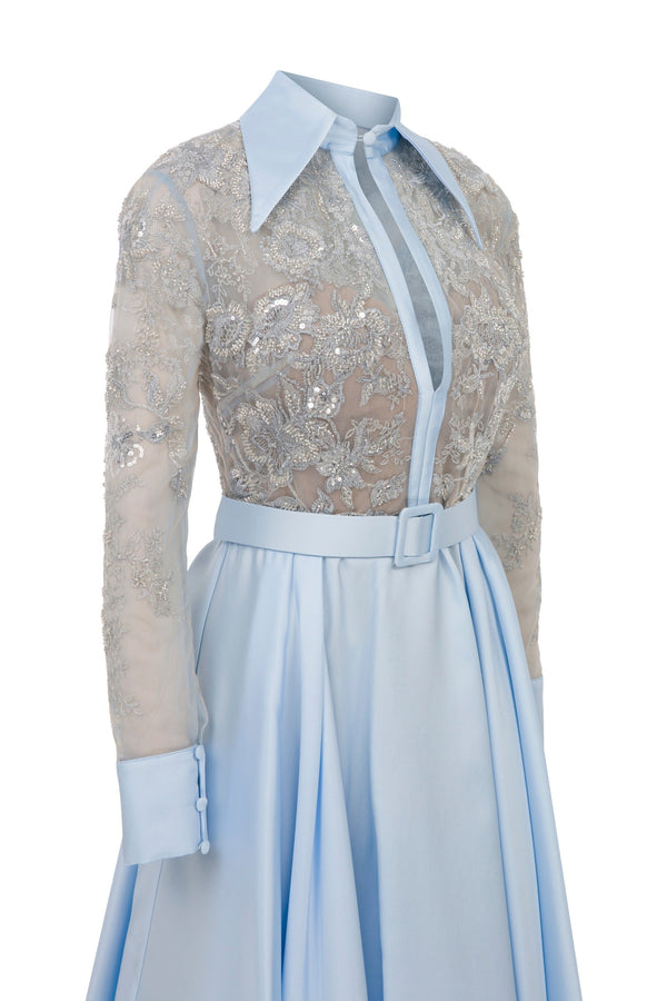 Li Beirut M1102 – Baby Blue & Gold Long Sleeve Lace Beaded Gown with Collar, Belt & Satin Skirt