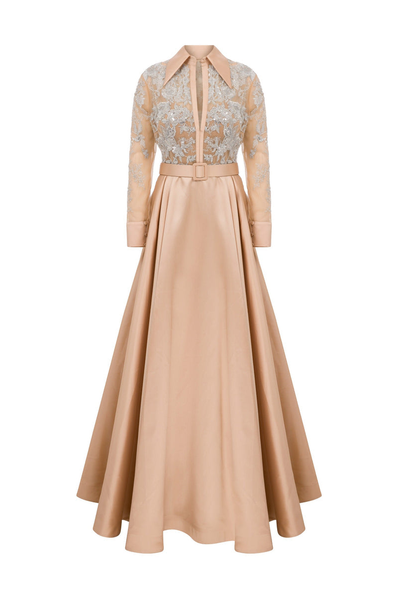 Li Beirut M1102 – Baby Blue & Gold Long Sleeve Lace Beaded Gown with Collar, Belt & Satin Skirt