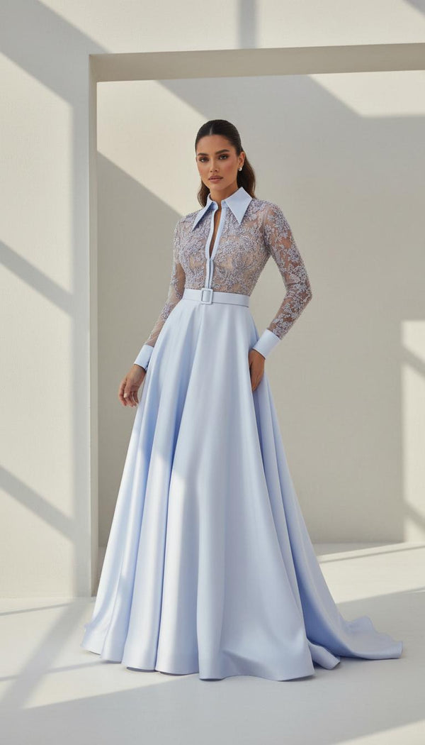 Li Beirut M1102 – Baby Blue & Gold Long Sleeve Lace Beaded Gown with Collar, Belt & Satin Skirt