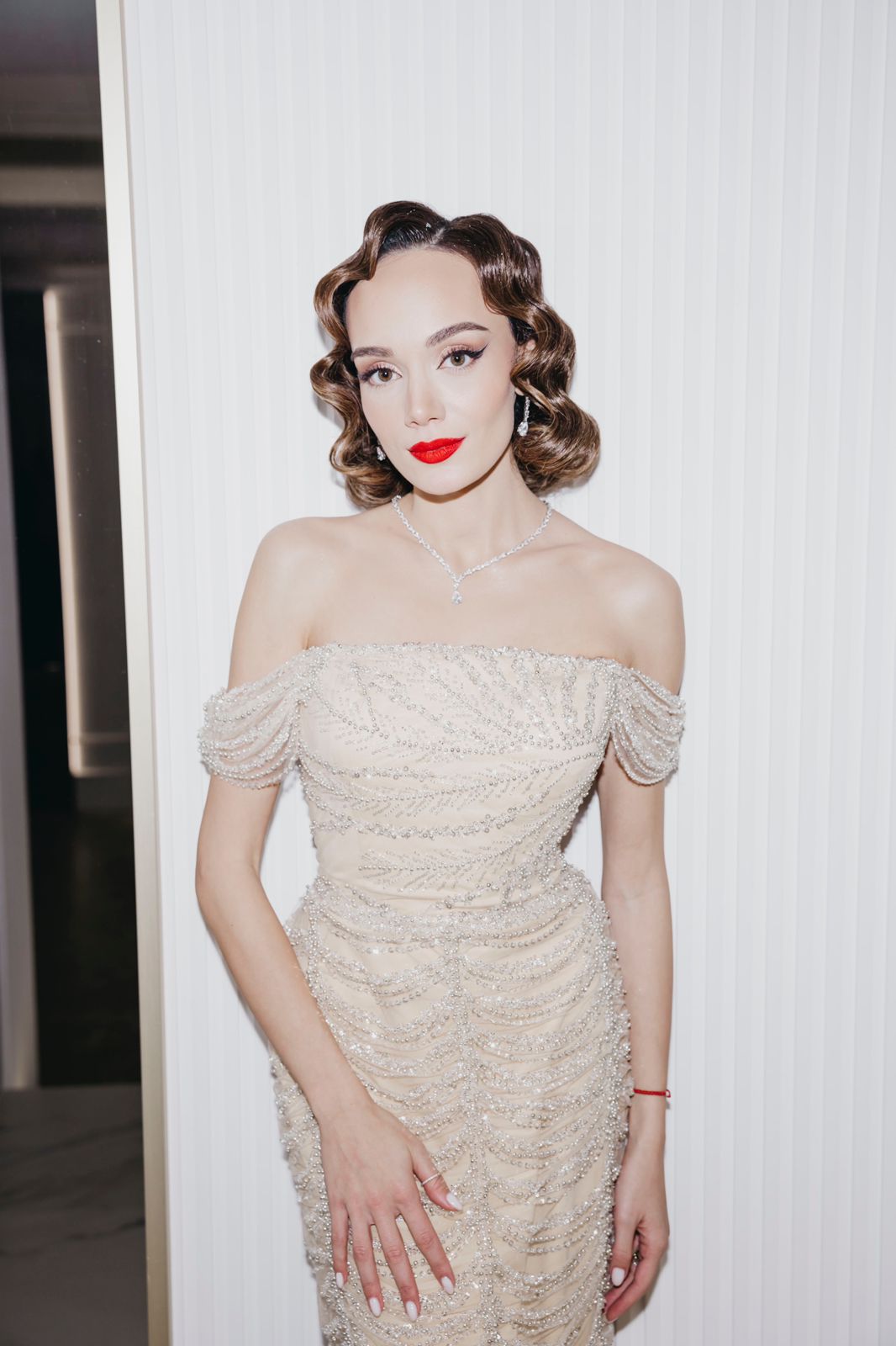 Li Beirut M1107 – Off-Shoulder Pearl-Beaded Mermaid Gown with Draped Sleeves in Nude Champagne