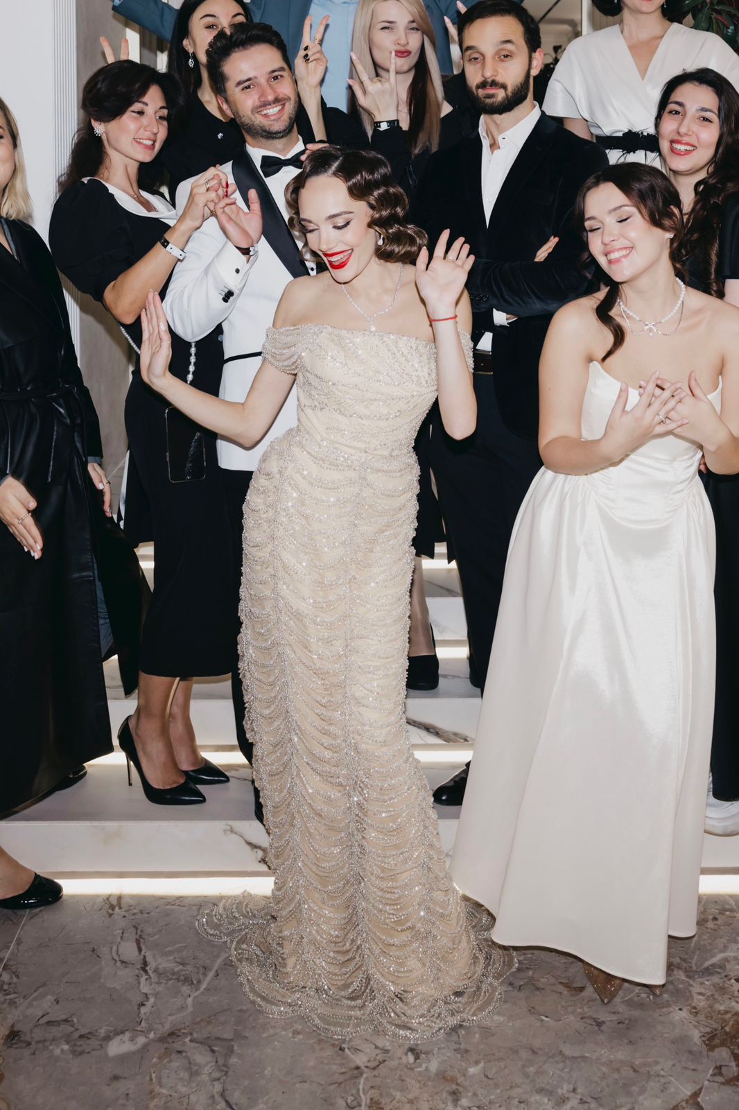Li Beirut M1107 – Off-Shoulder Pearl-Beaded Mermaid Gown with Draped Sleeves in Nude Champagne