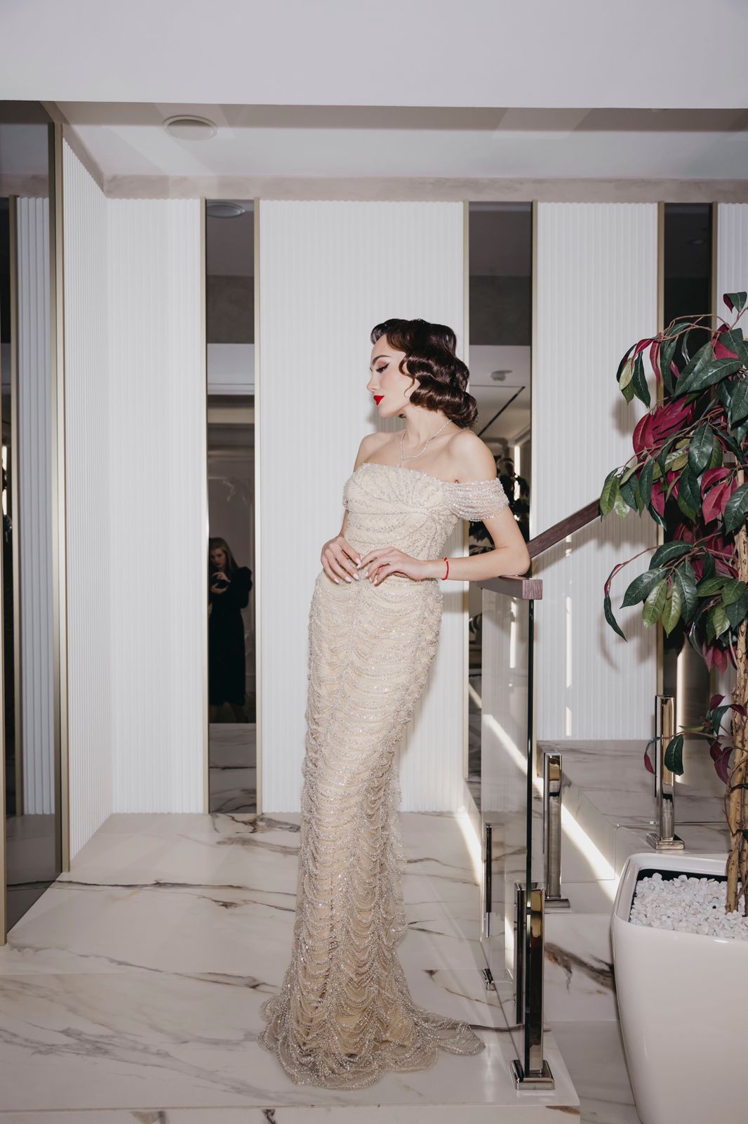 Li Beirut M1107 – Off-Shoulder Pearl-Beaded Mermaid Gown with Draped Sleeves in Nude Champagne
