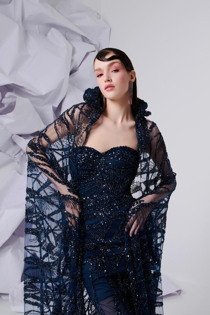 Li Beirut M1108 – Midnight Blue Beaded Mermaid Gown with Sheer Embellished Cape