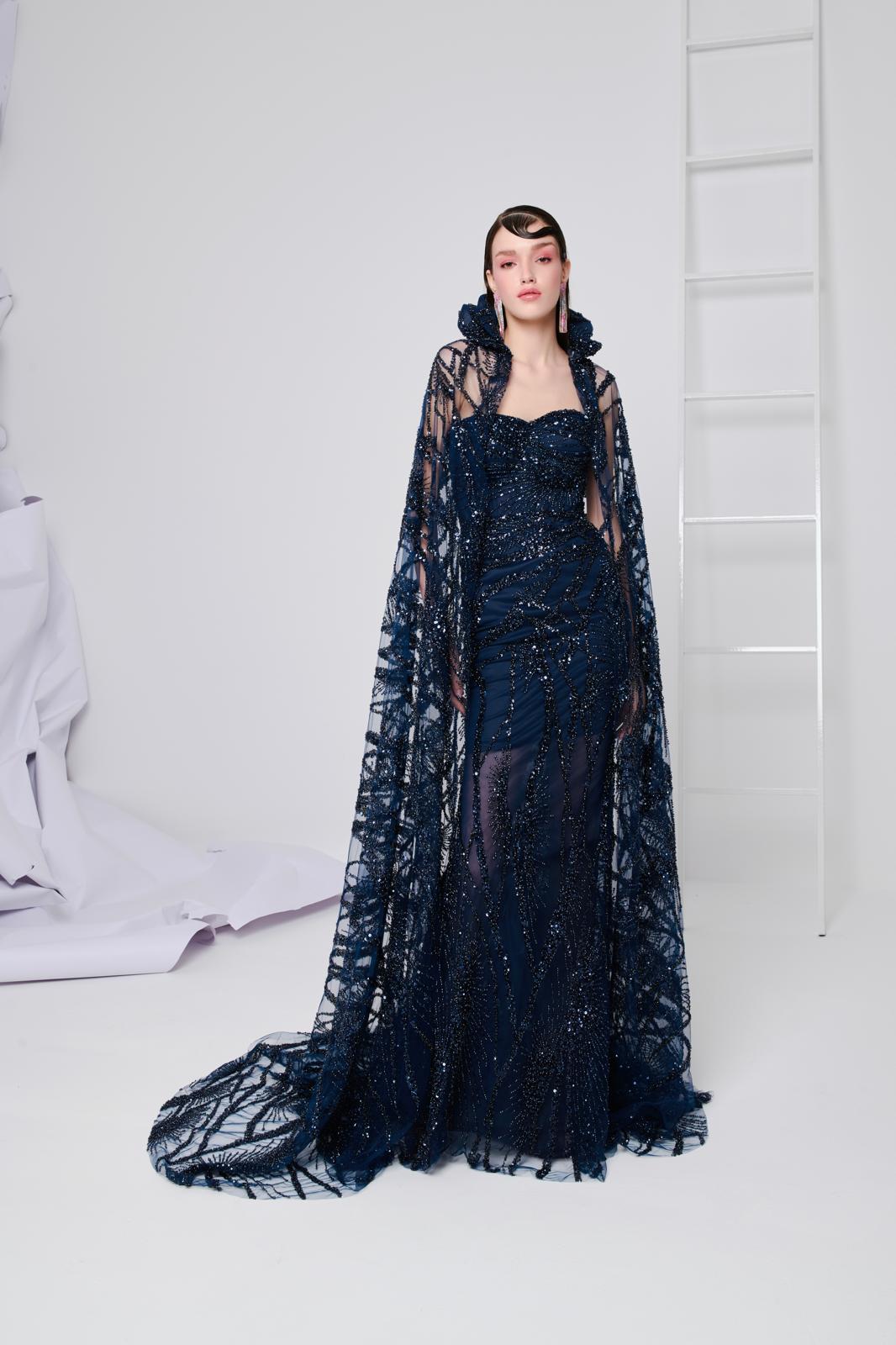Li Beirut M1108 – Midnight Blue Beaded Mermaid Gown with Sheer Embellished Cape