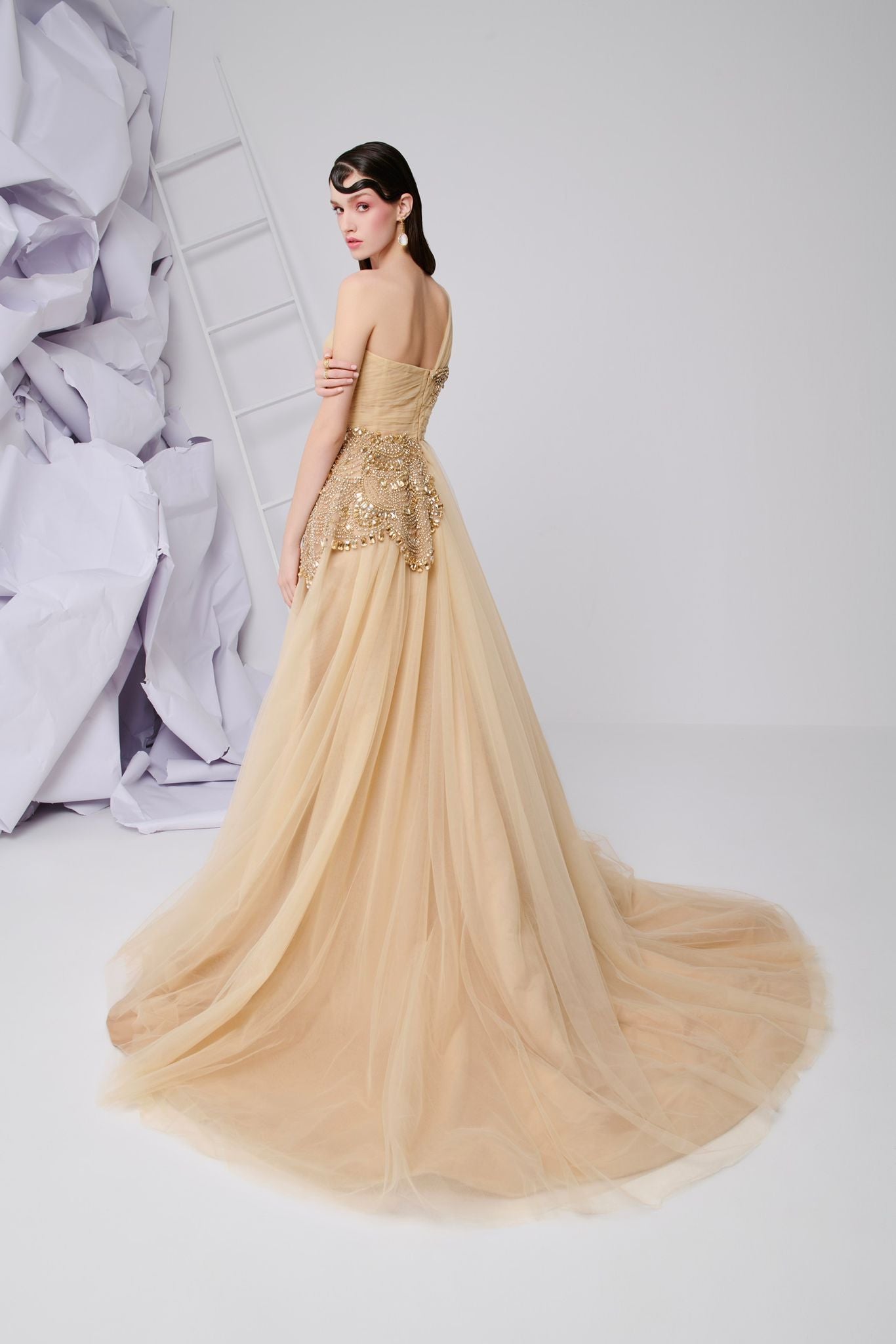 Li Beirut M1110 – One-Shoulder Draped Tulle Gown with Ornate Waist Embellishment & A-Line Skirt