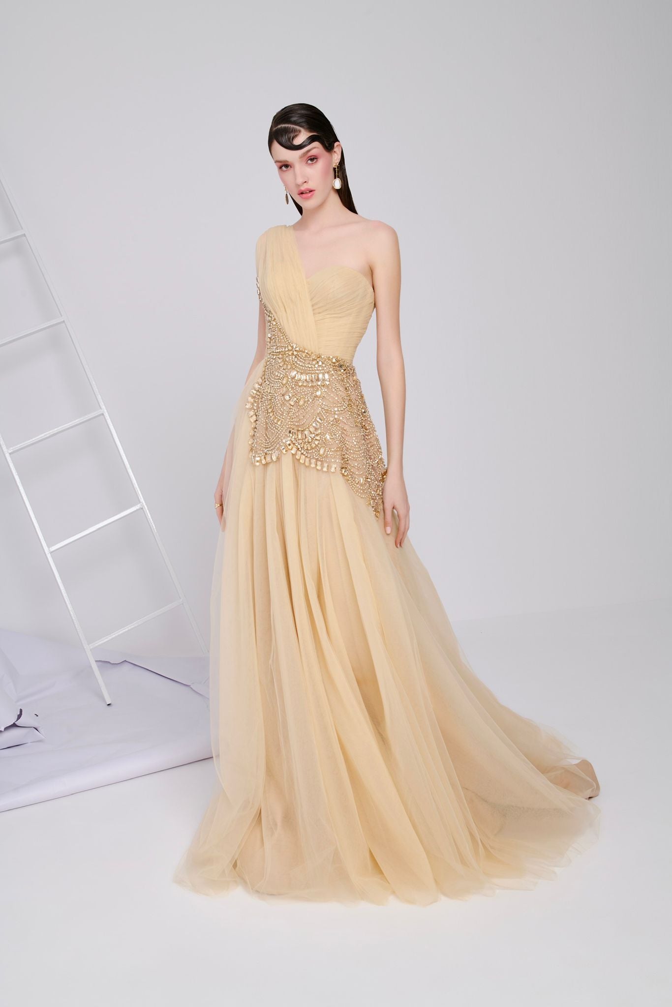 Li Beirut M1110 – One-Shoulder Draped Tulle Gown with Ornate Waist Embellishment & A-Line Skirt