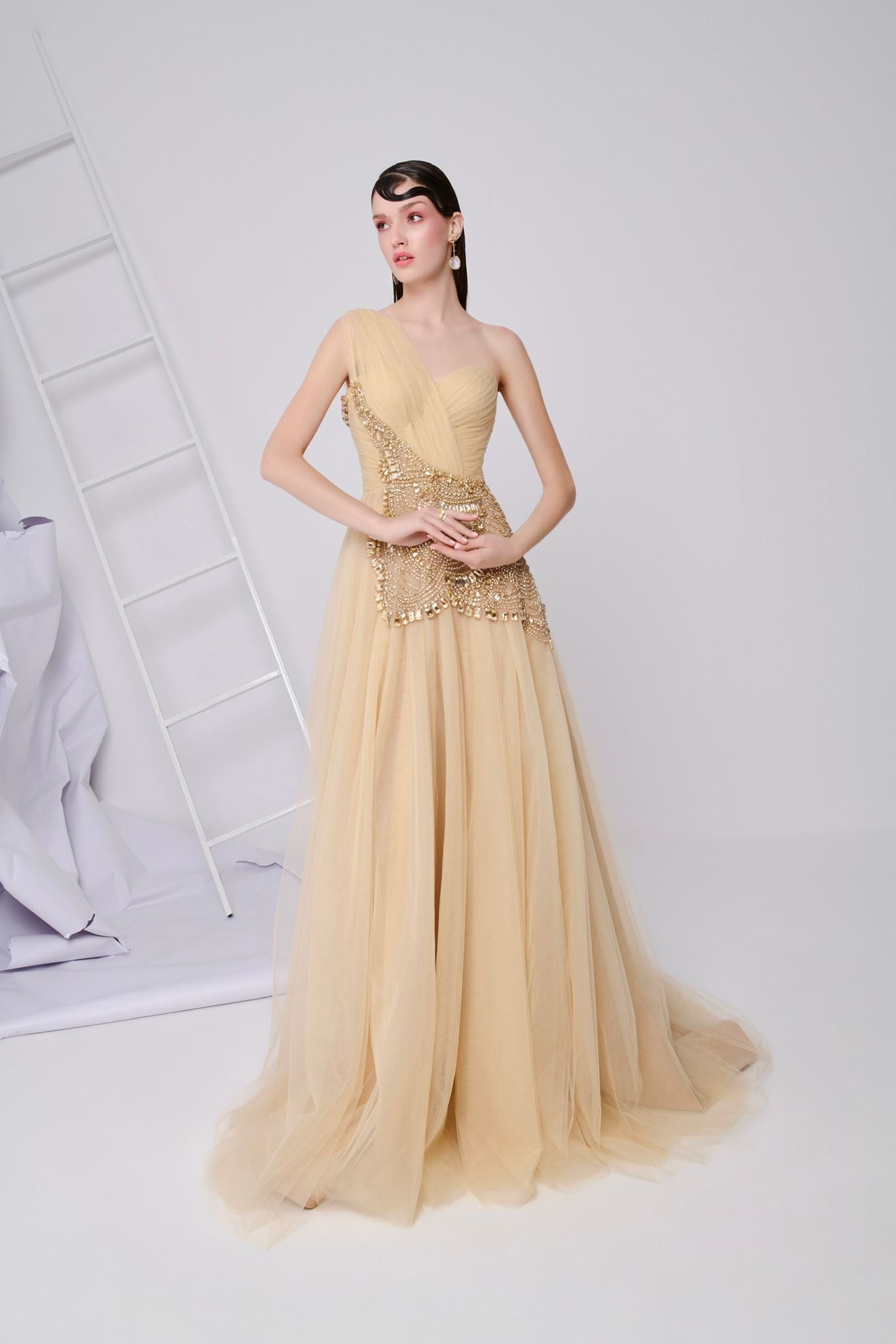 Li Beirut M1110 – One-Shoulder Draped Tulle Gown with Ornate Waist Embellishment & A-Line Skirt