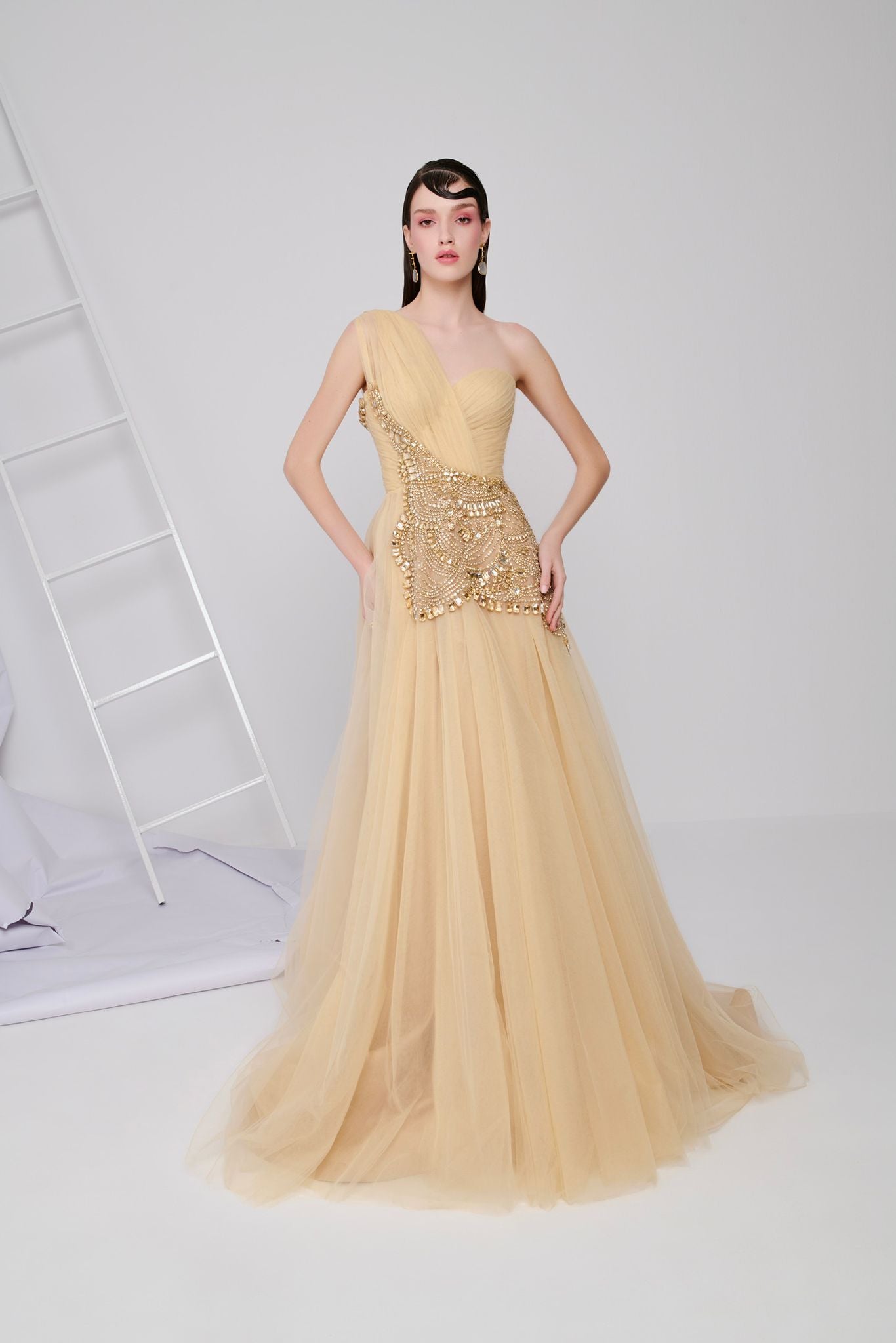 Li Beirut M1110 – One-Shoulder Draped Tulle Gown with Ornate Waist Embellishment & A-Line Skirt