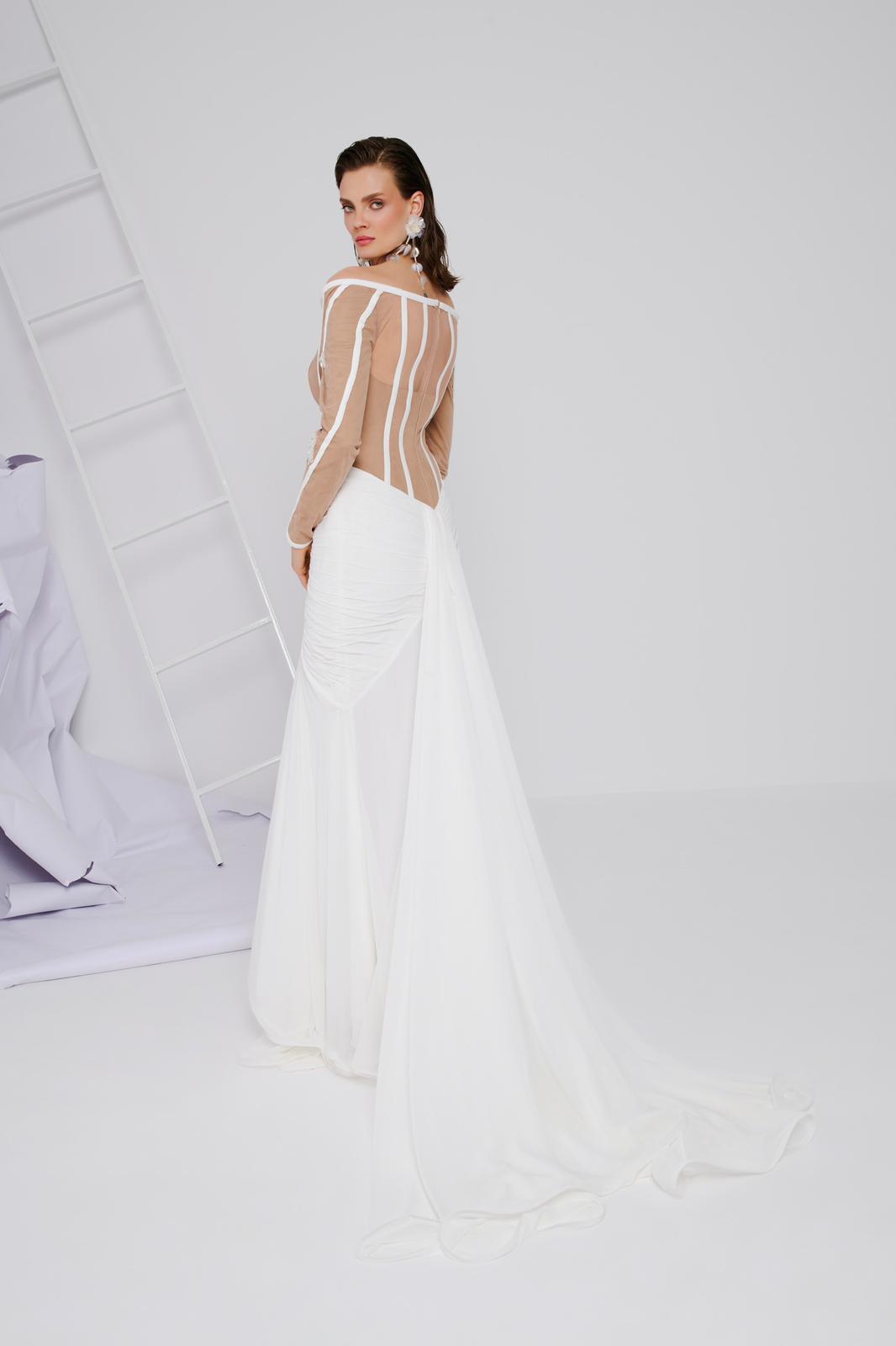 Li Beirut M1111 – Off-Shoulder Illusion Bodice Long Sleeve Gown with Draped Ivory Skirt