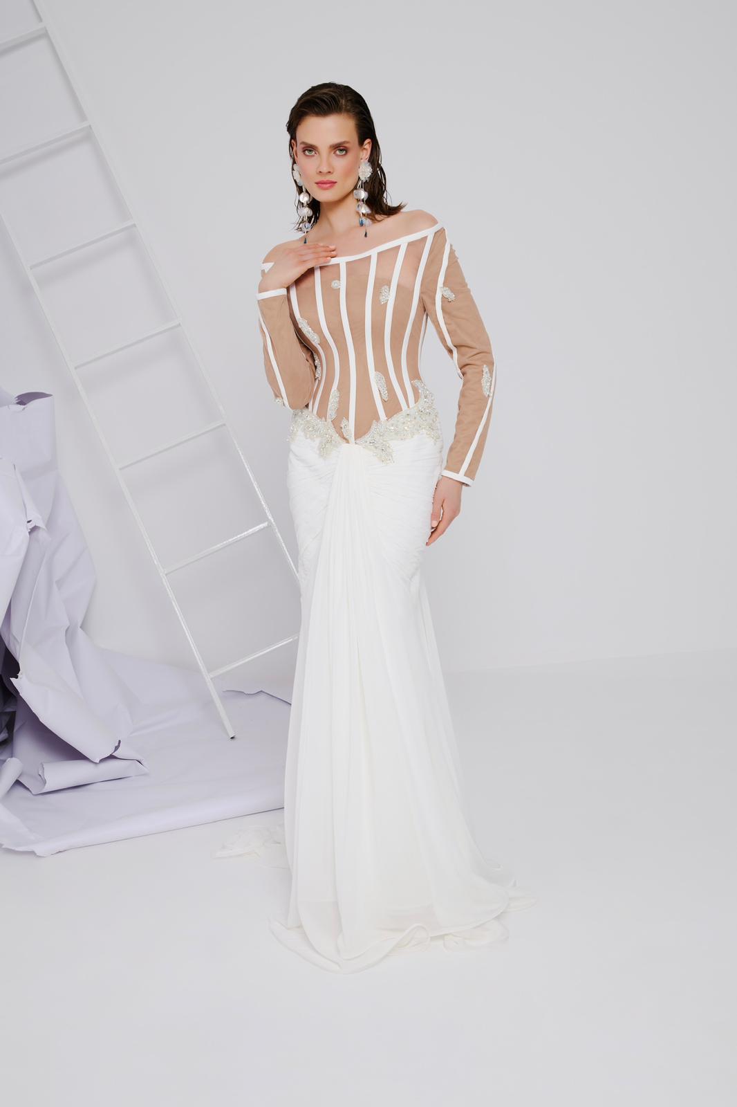 Li Beirut M1111 – Off-Shoulder Illusion Bodice Long Sleeve Gown with Draped Ivory Skirt
