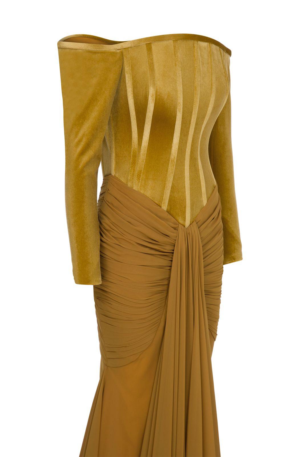 Li Beirut M1112A – Off-Shoulder Long Sleeve Mermaid Gown with Corset Bodice