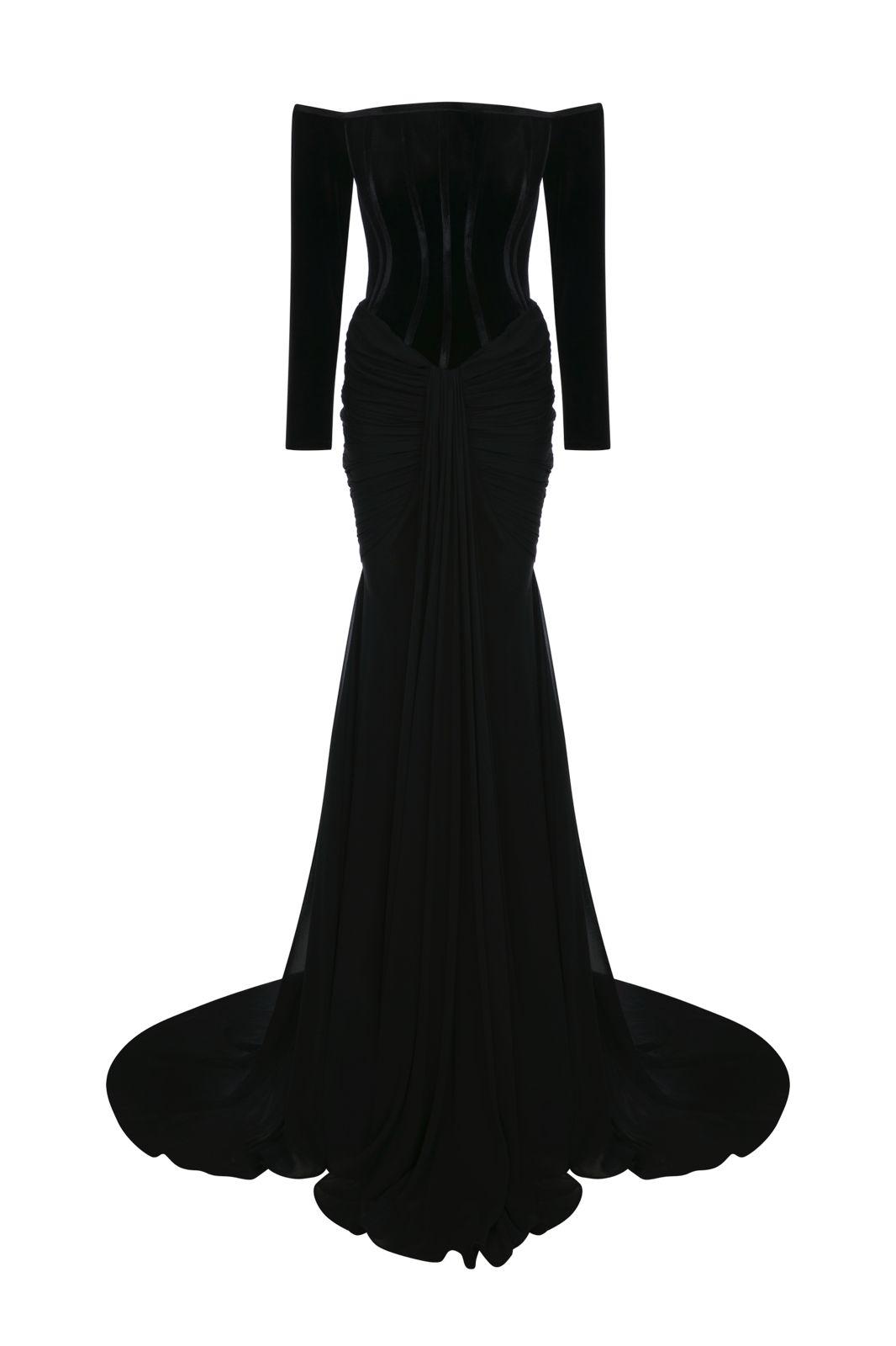 Li Beirut M1112A – Off-Shoulder Long Sleeve Mermaid Gown with Corset Bodice