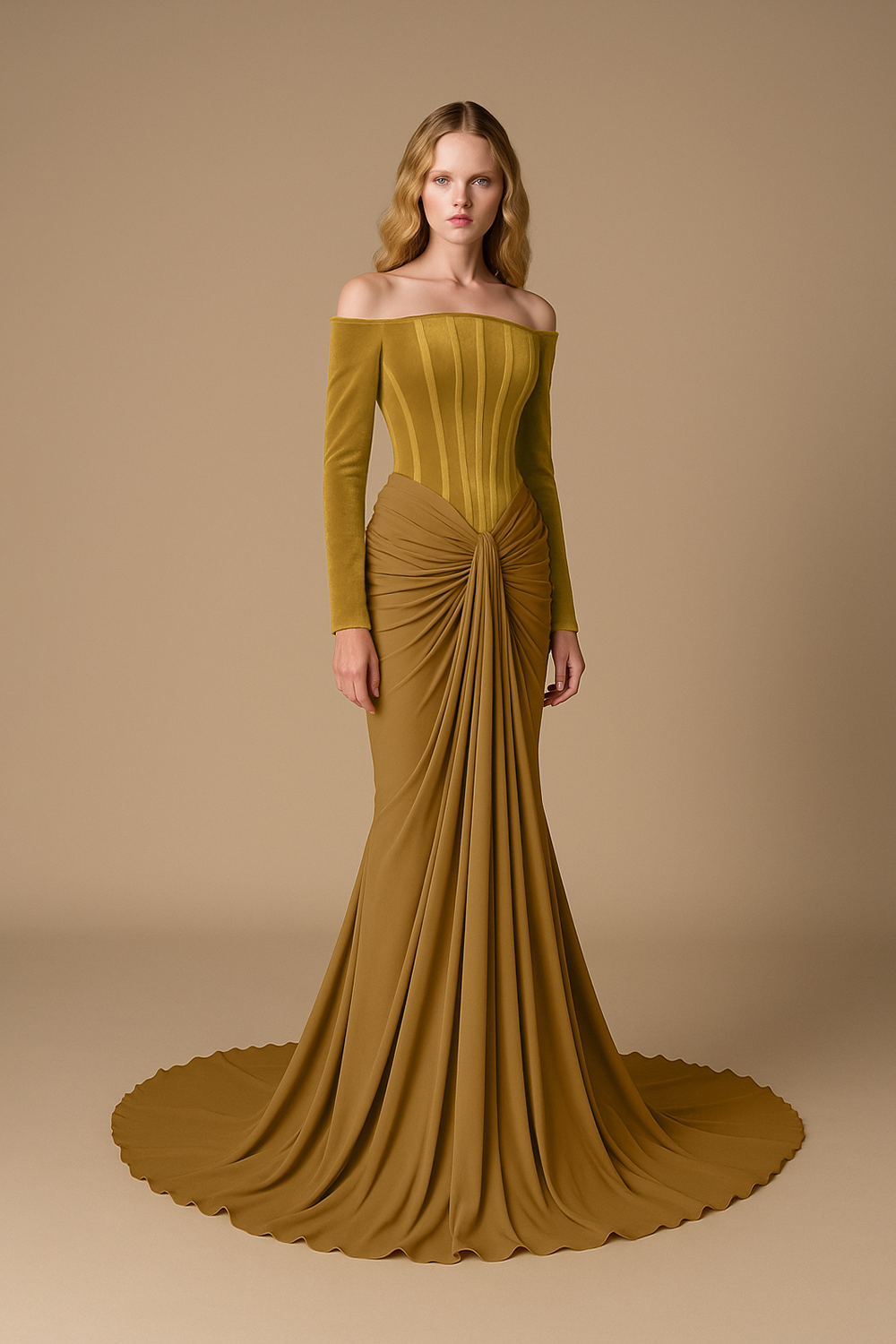 Li Beirut M1112A – Off-Shoulder Long Sleeve Mermaid Gown with Corset Bodice