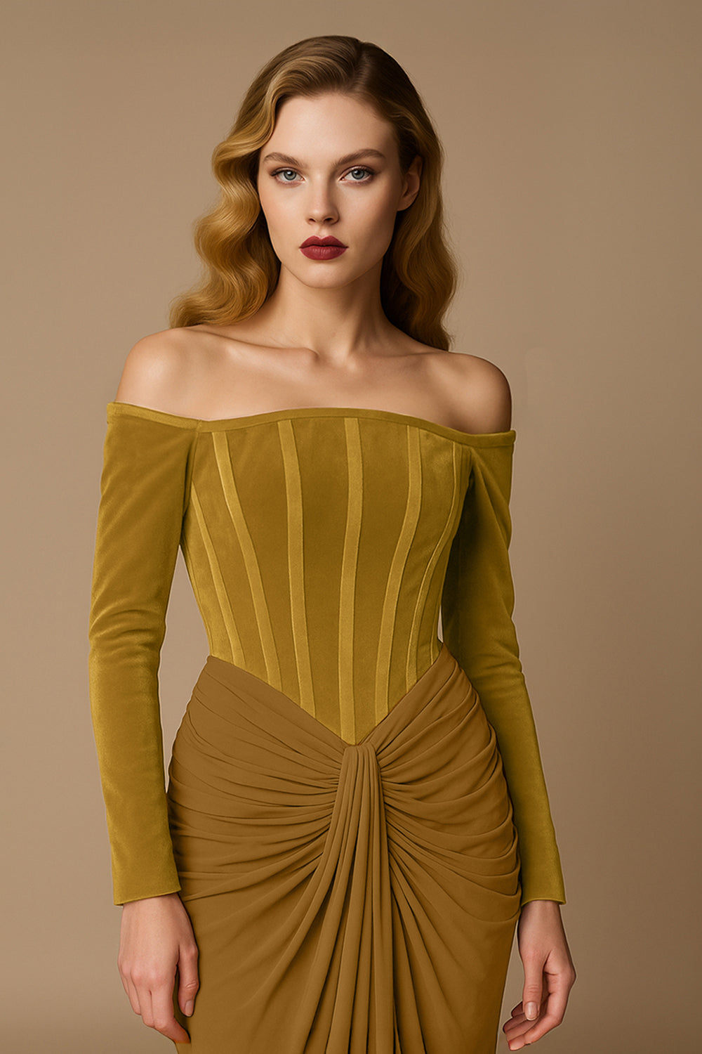 Li Beirut M1112A – Off-Shoulder Long Sleeve Mermaid Gown with Corset Bodice