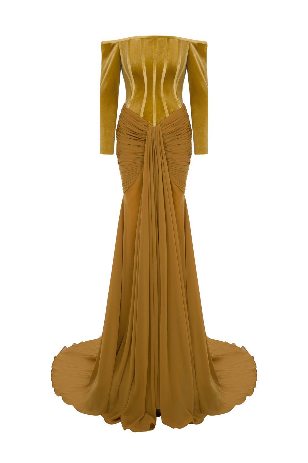 Li Beirut M1112A – Off-Shoulder Long Sleeve Mermaid Gown with Corset Bodice