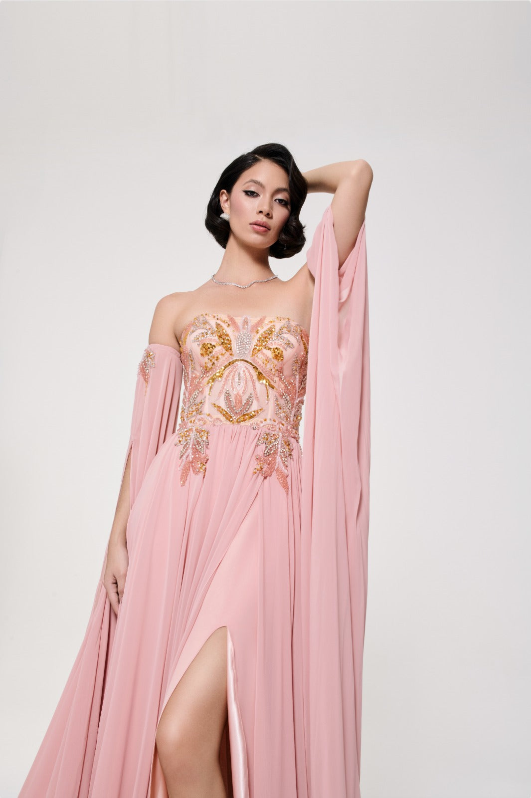 Li Beirut M1113 – Strapless Embellished Corset Gown with Draped Sleeves & Chiffon Skirt