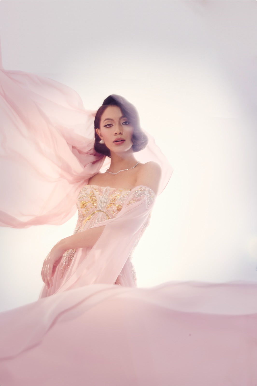 Li Beirut M1113 – Strapless Embellished Corset Gown with Draped Sleeves & Chiffon Skirt