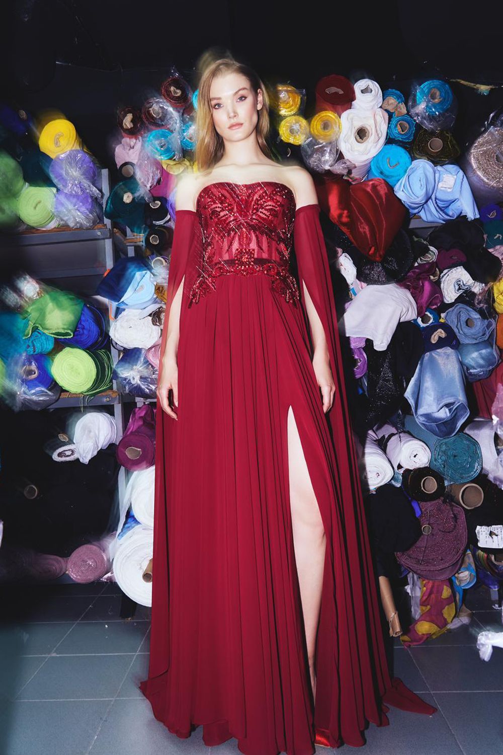 Li Beirut M1113 – Strapless Embellished Corset Gown with Draped Sleeves & Chiffon Skirt