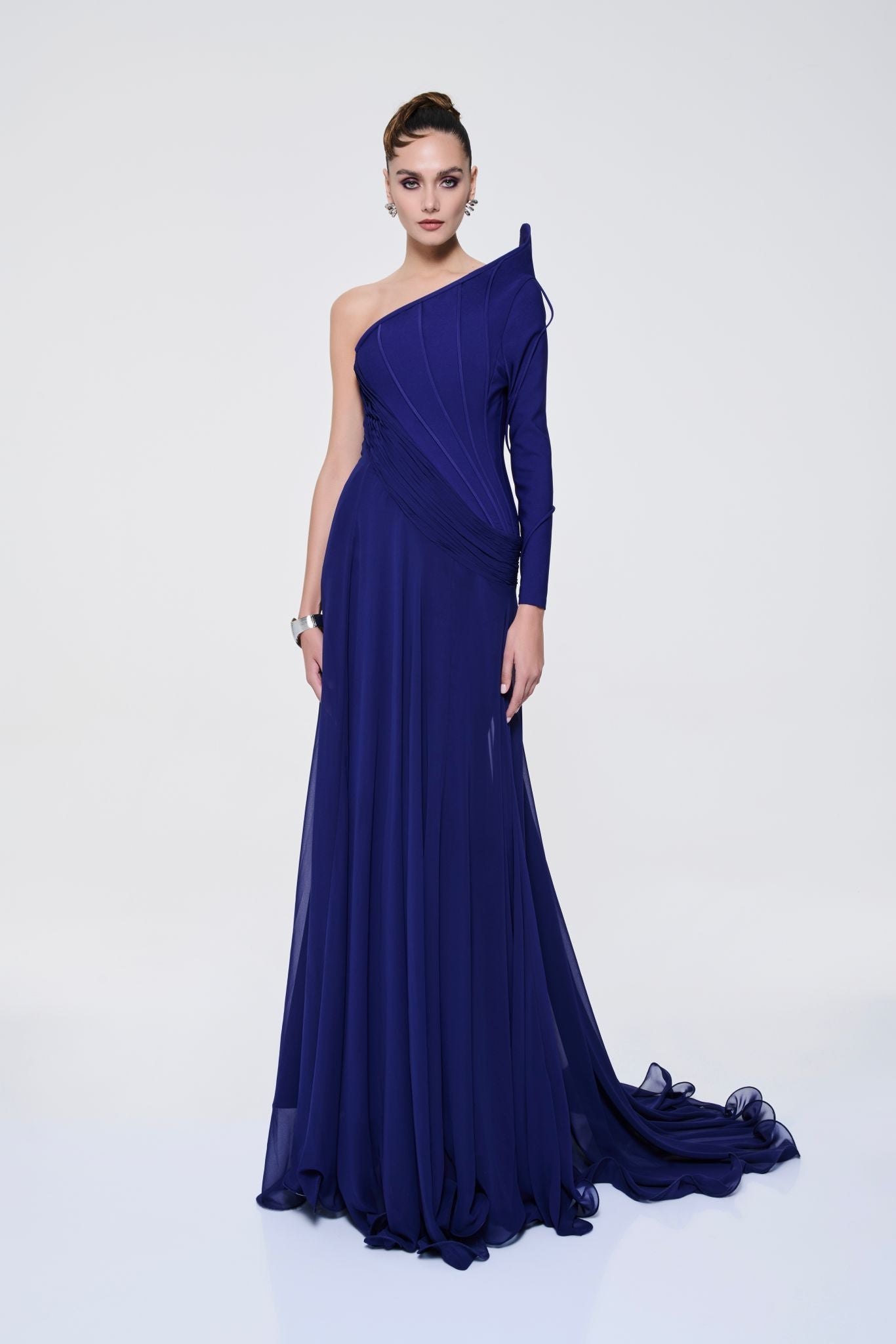 Li Beirut M1114 – One-Shoulder Long Sleeve Draped Chiffon Gown with Paneled Bodice