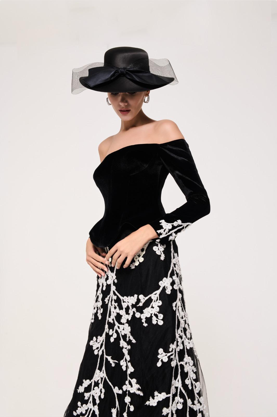 Li Beirut M1115 – Off-Shoulder Velvet Bodice Gown with Ivory Floral Embroidered Tulle Skirt