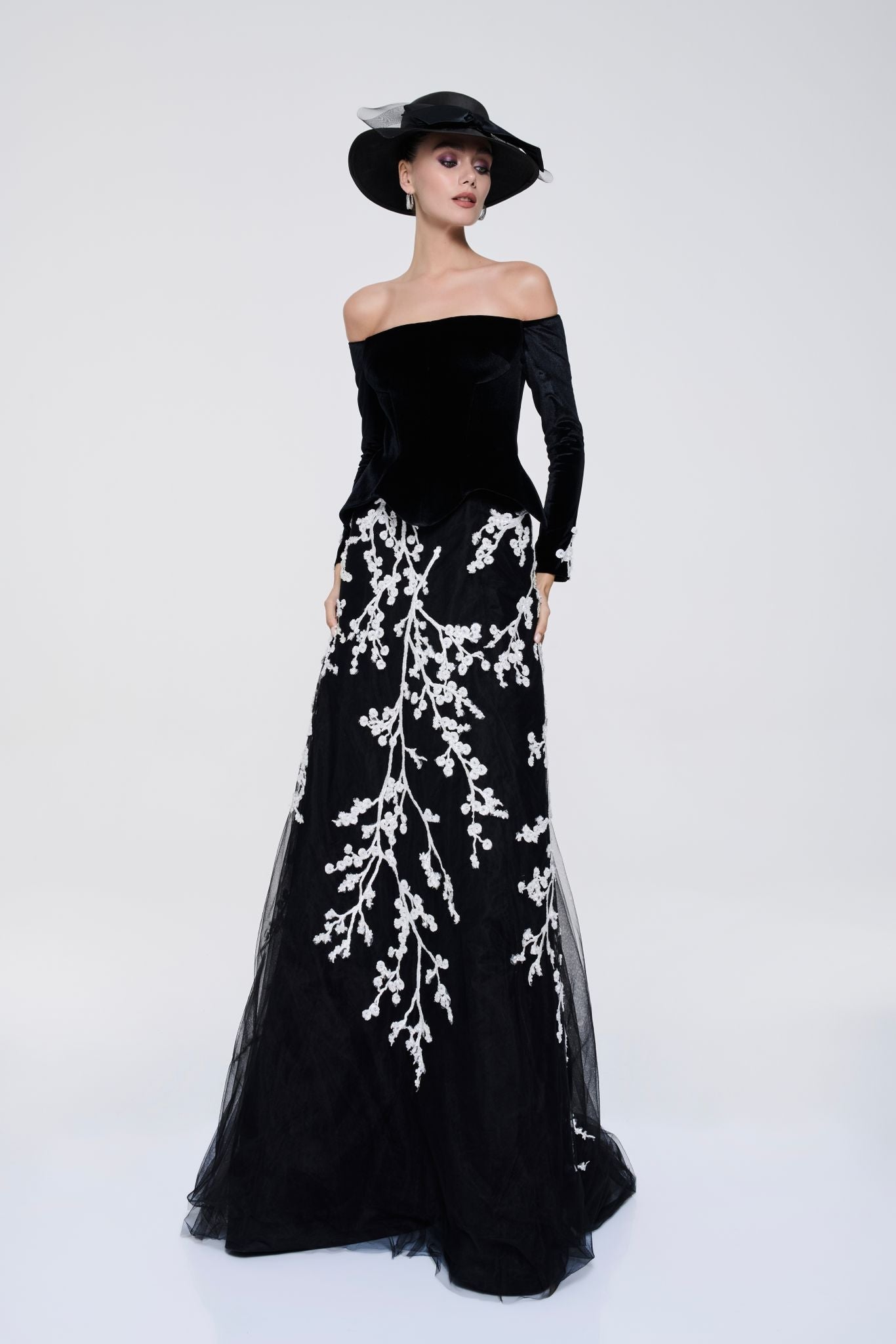 Li Beirut M1115 – Off-Shoulder Velvet Bodice Gown with Ivory Floral Embroidered Tulle Skirt