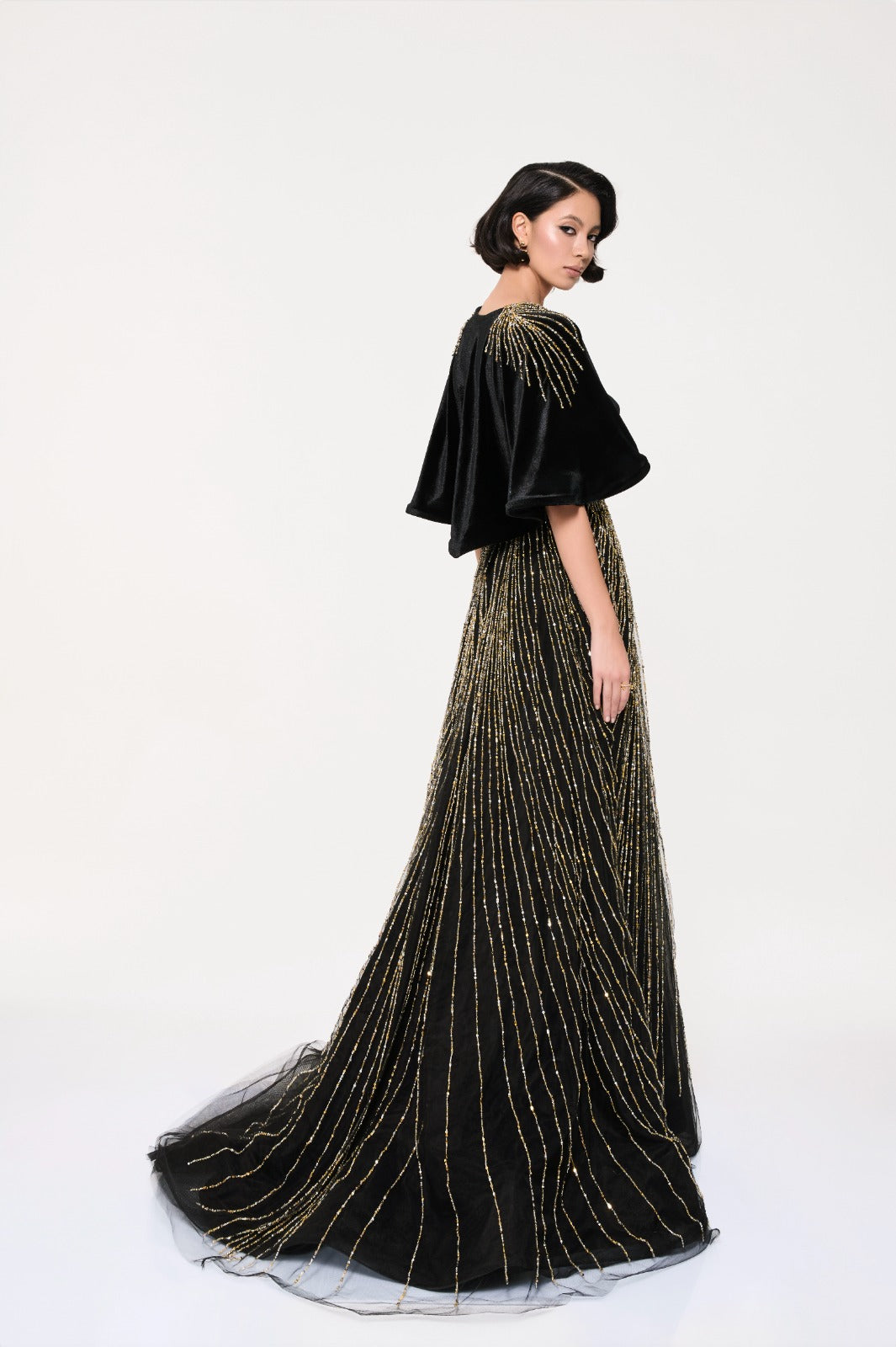 Li Beirut M1118 – Black Velvet & Gold Beaded Evening Gown with Embellished Cape