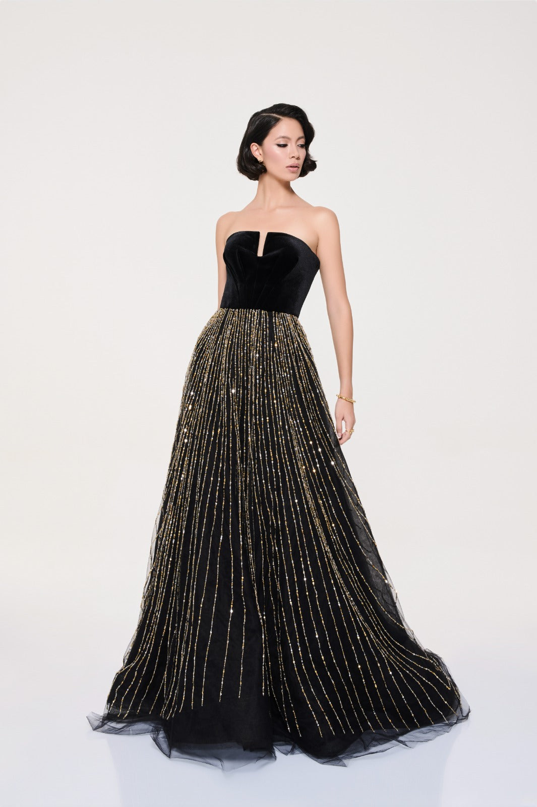 Li Beirut M1118 – Black Velvet & Gold Beaded Evening Gown with Embellished Cape