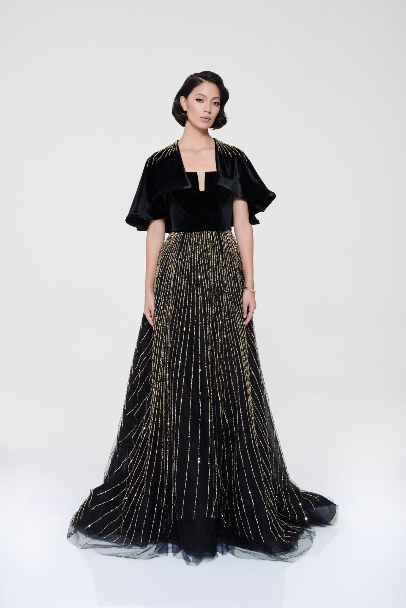 Li Beirut M1118 – Black Velvet & Gold Beaded Evening Gown with Embellished Cape