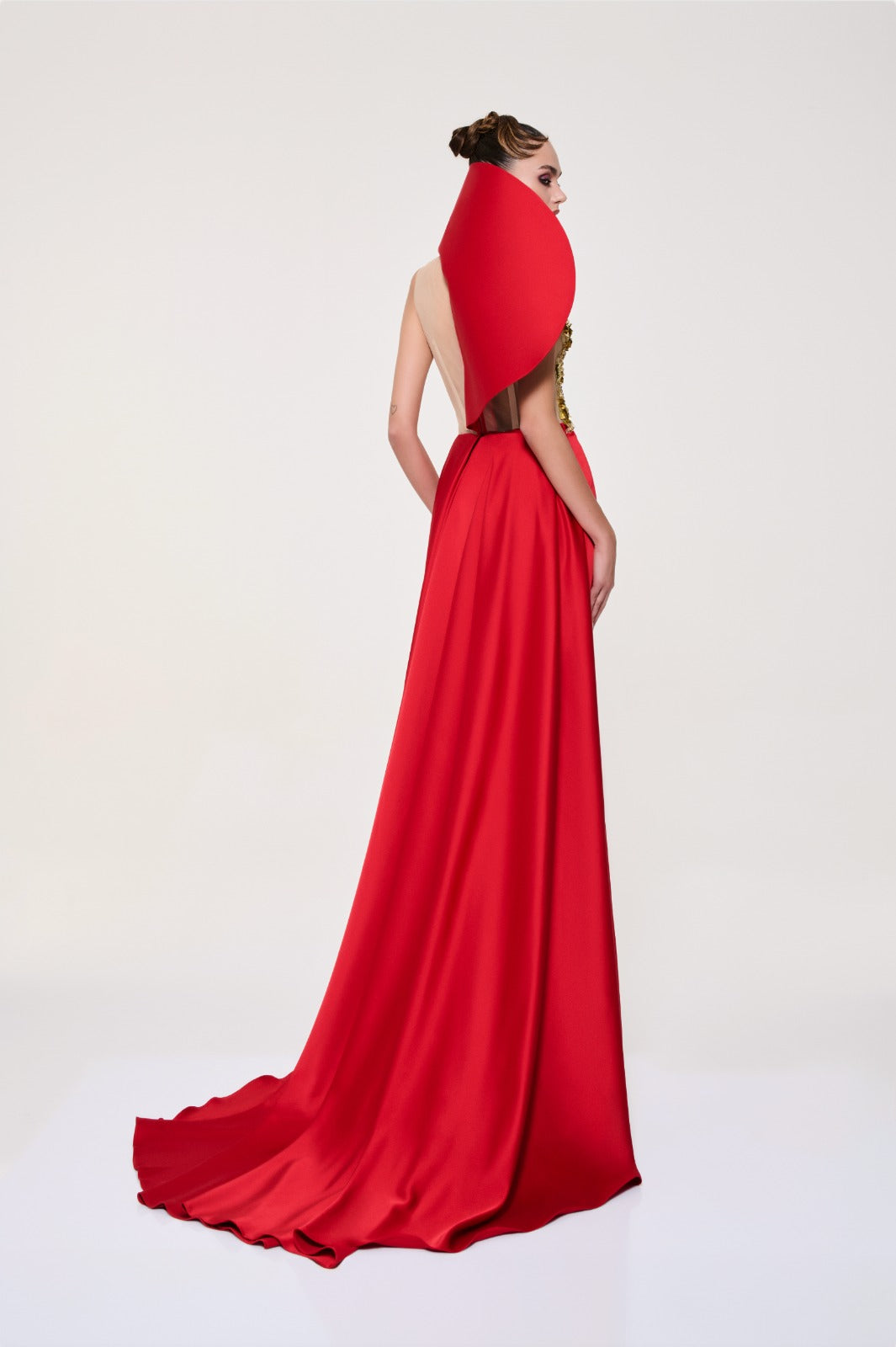 Li Beirut M1119 – Illusion Bodice Evening Gown with Sculpted Shoulder & Satin Skirt
