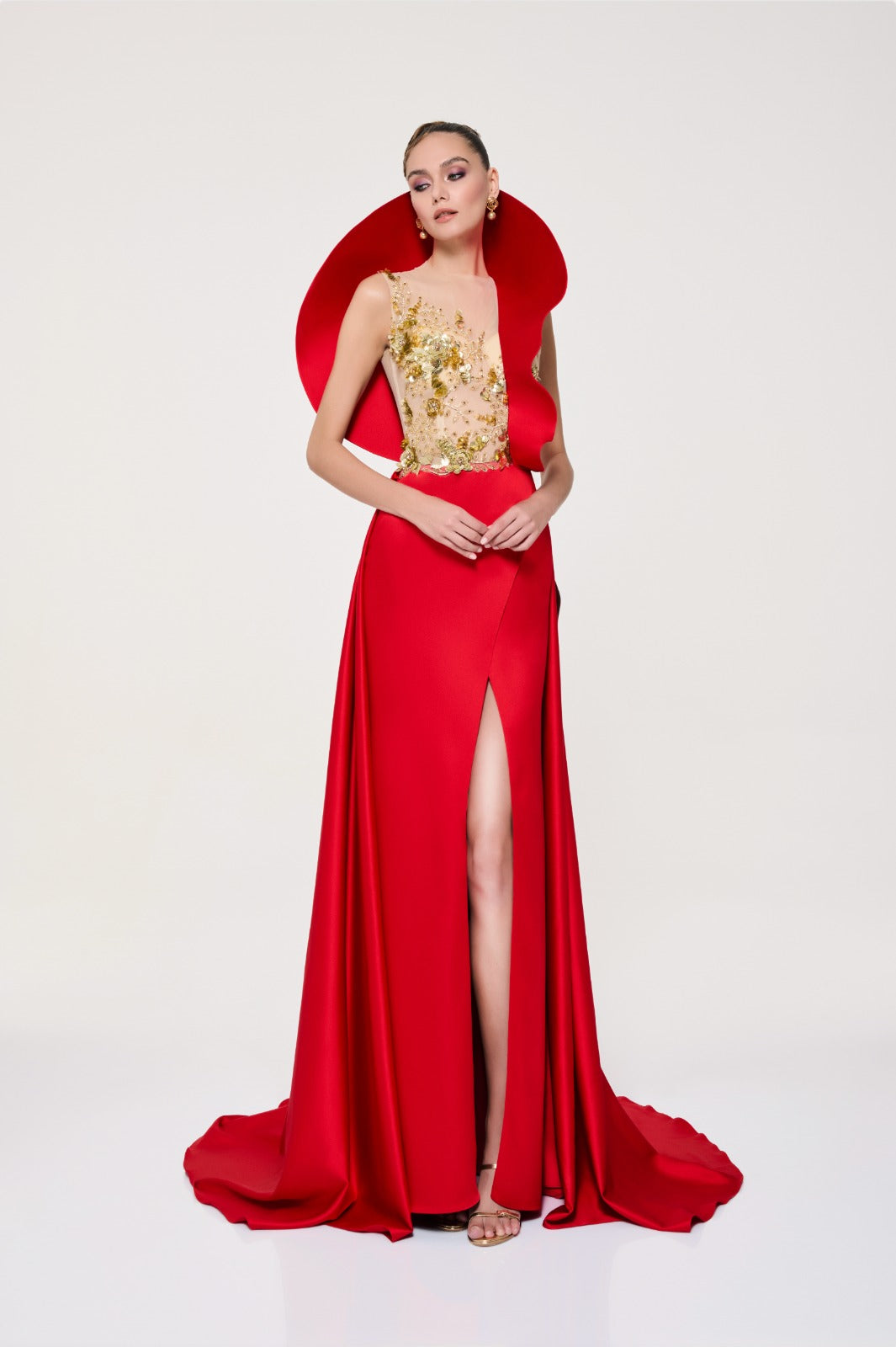Li Beirut M1119 – Illusion Bodice Evening Gown with Sculpted Shoulder & Satin Skirt
