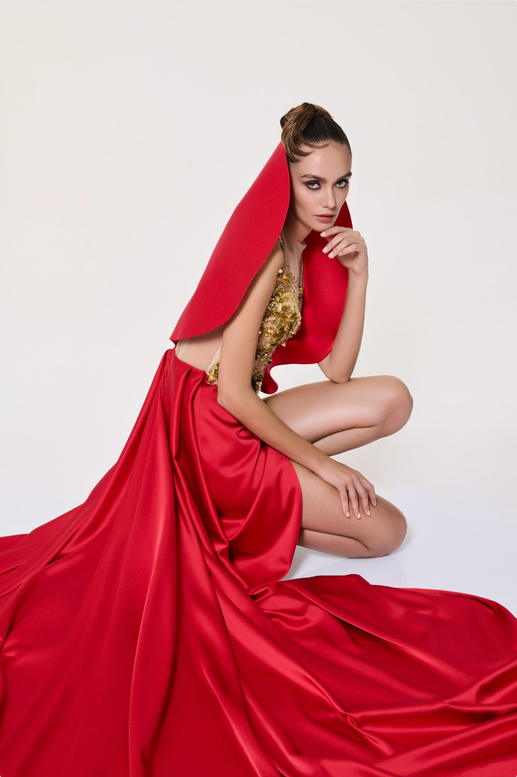 Li Beirut M1119 – Illusion Bodice Evening Gown with Sculpted Shoulder & Satin Skirt
