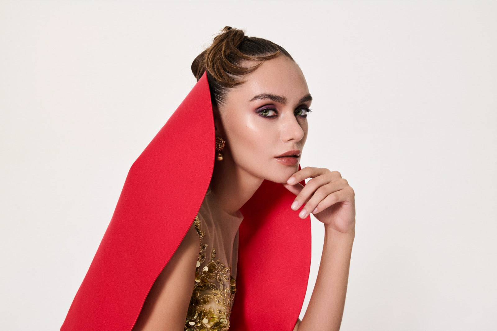 Li Beirut M1119 – Illusion Bodice Evening Gown with Sculpted Shoulder & Satin Skirt