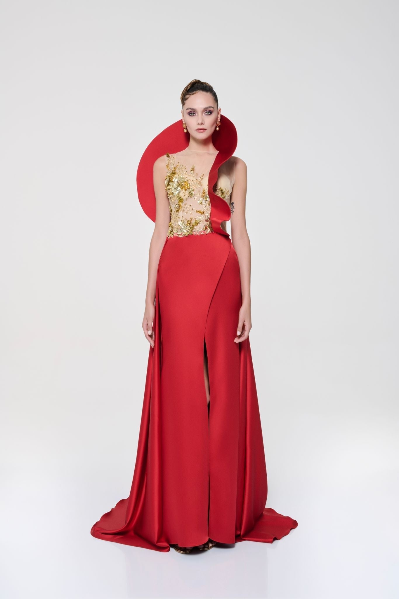 Li Beirut M1119 – Illusion Bodice Evening Gown with Sculpted Shoulder & Satin Skirt