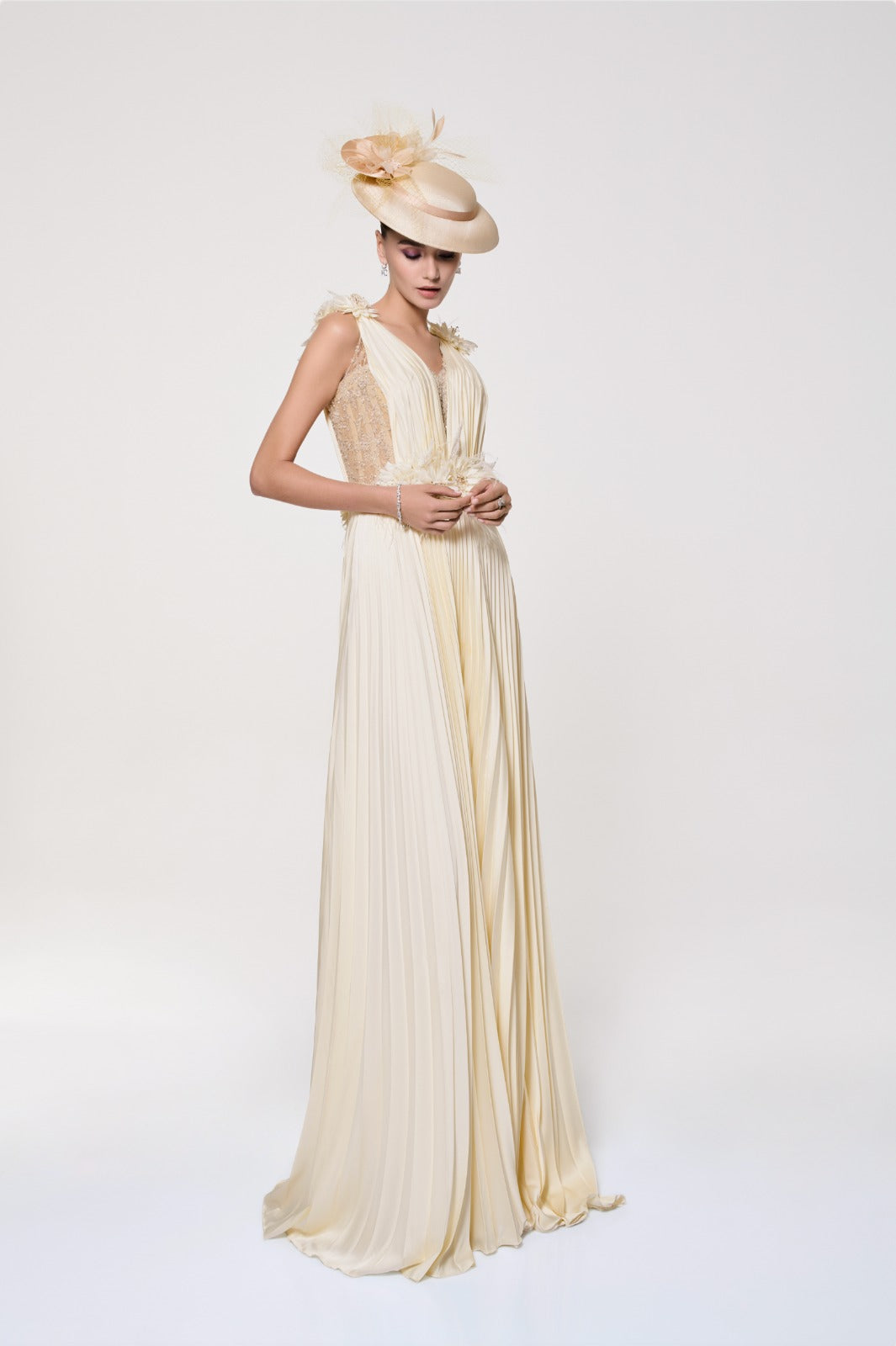 Li Beirut M1120 – Ivory V-Neck Pleated Chiffon Gown with Floral Waist Detail