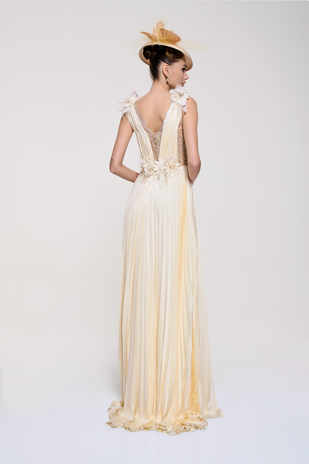 Li Beirut M1120 – Ivory V-Neck Pleated Chiffon Gown with Floral Waist Detail
