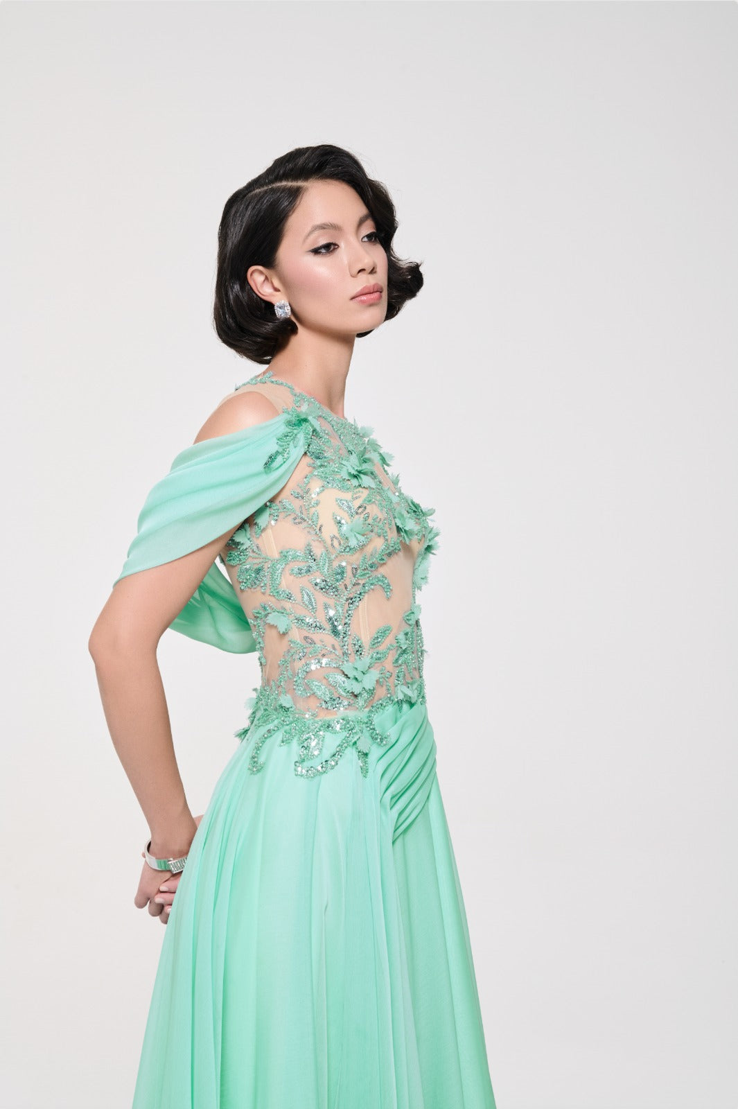 Li Beirut M1121 – Mint Illusion High-Neck Gown with 3D Floral Embroidery & Chiffon Skirt