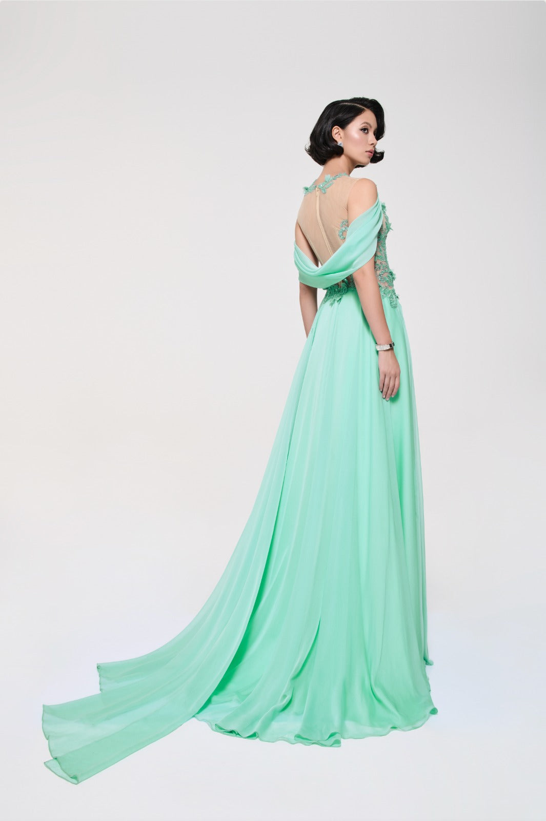 Li Beirut M1121 – Mint Illusion High-Neck Gown with 3D Floral Embroidery & Chiffon Skirt