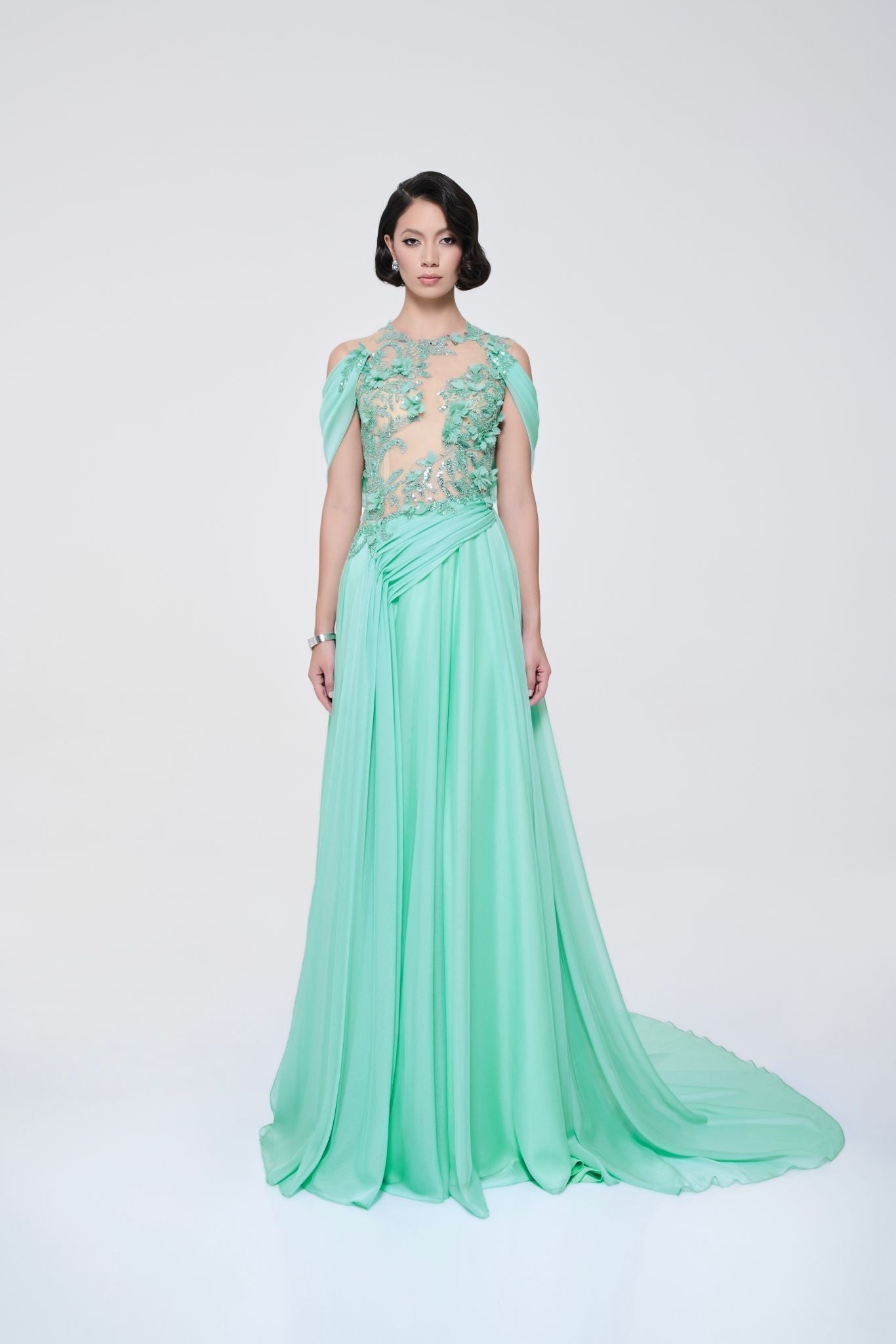 Li Beirut M1121 – Mint Illusion High-Neck Gown with 3D Floral Embroidery & Chiffon Skirt