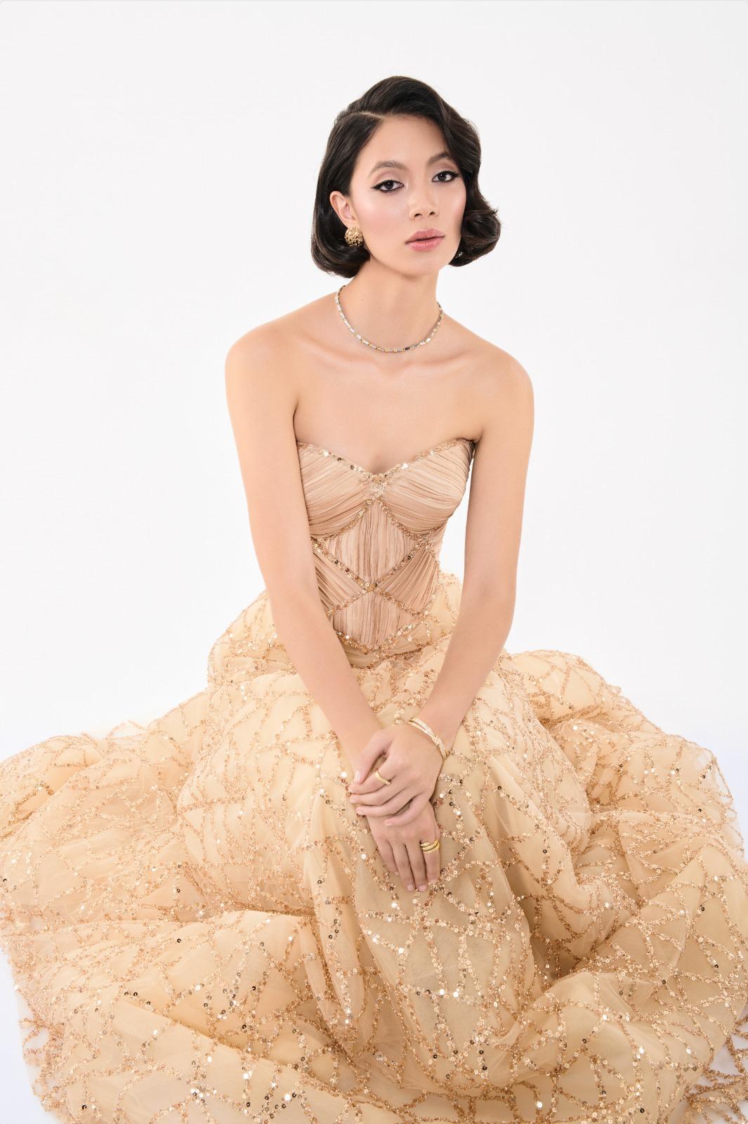 Li Beirut M1122 – Strapless Beaded Ball Gown with Pleated Bodice & Sweeping Train