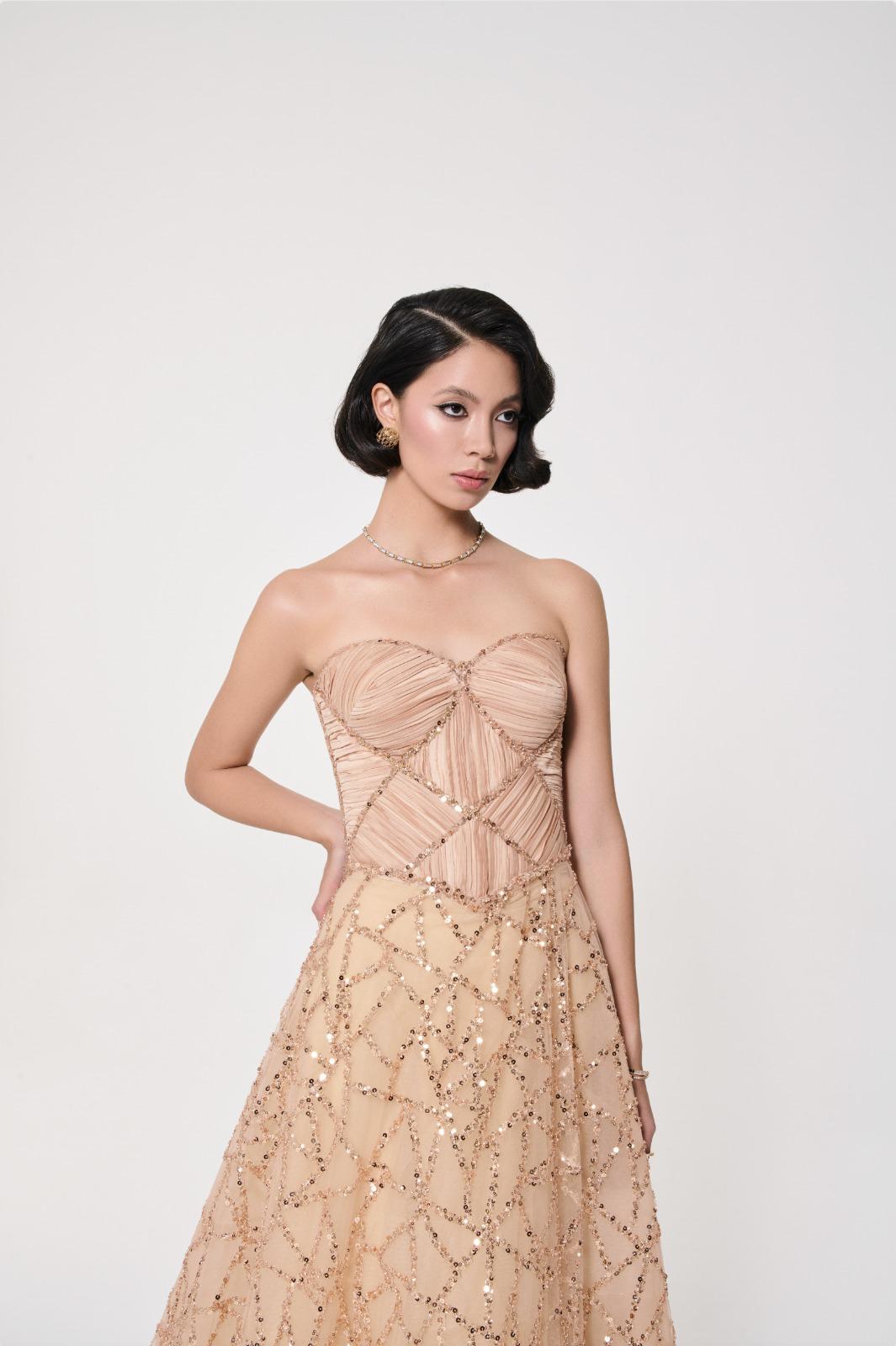 Li Beirut M1122 – Strapless Beaded Ball Gown with Pleated Bodice & Sweeping Train
