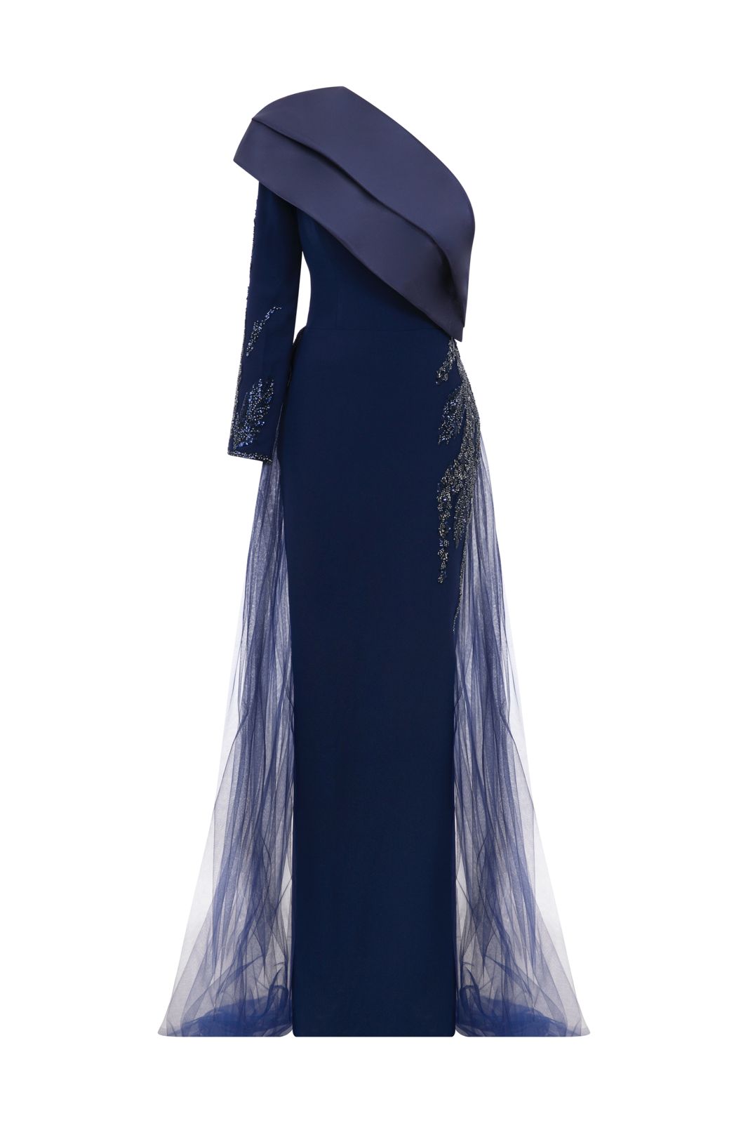 Li Beirut M1125 – One-Shoulder Long Sleeve Evening Gown with Tulle Overskirt