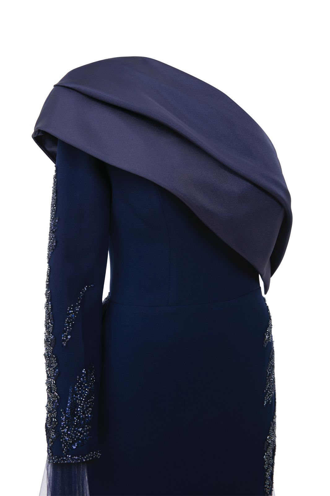 Li Beirut M1125 – One-Shoulder Long Sleeve Evening Gown with Tulle Overskirt