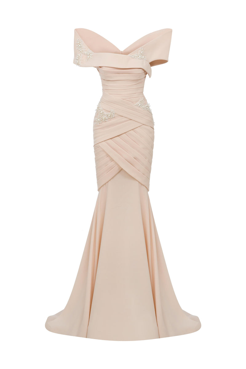 Li Beirut M1127 – Off-Shoulder Draped Mermaid Gown with Embellished Bodice