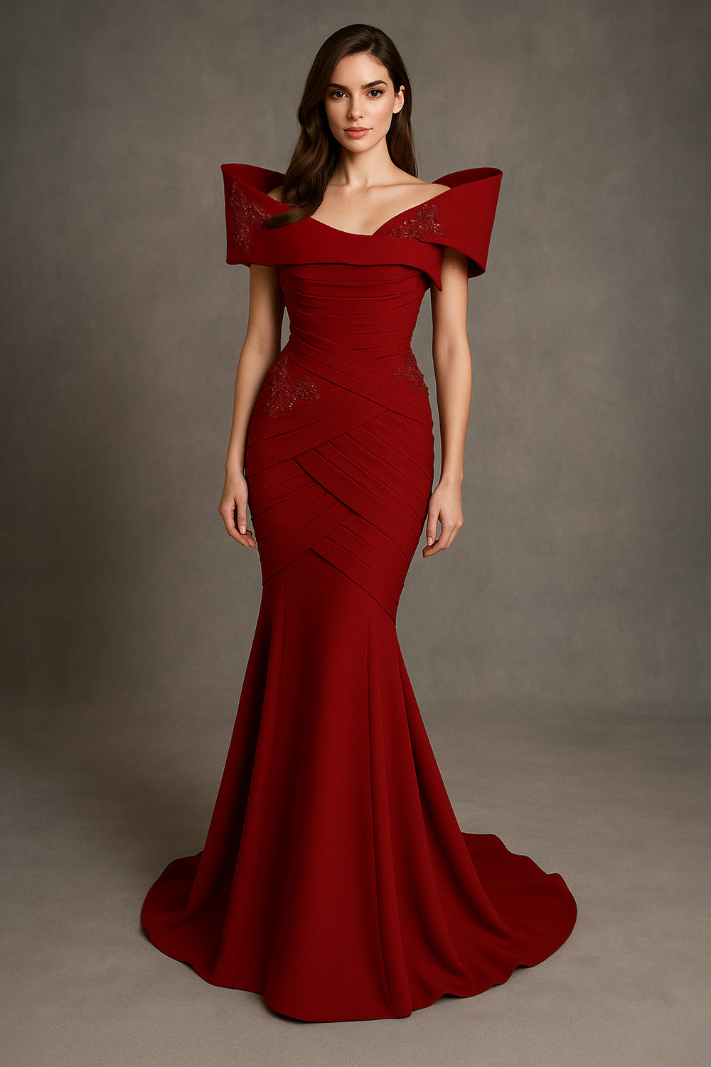 Li Beirut M1127 – Off-Shoulder Draped Mermaid Gown with Embellished Bodice