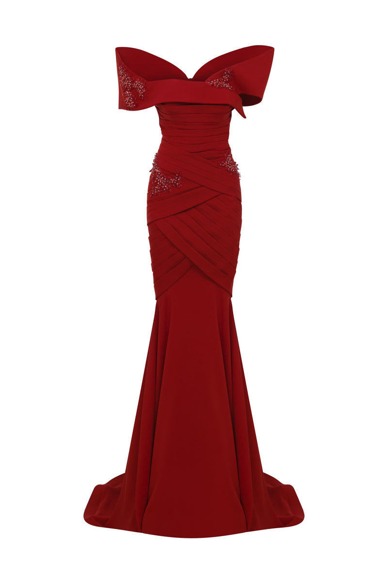 Li Beirut M1127 – Off-Shoulder Draped Mermaid Gown with Embellished Bodice