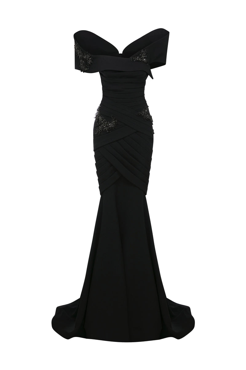 Li Beirut M1127 – Off-Shoulder Draped Mermaid Gown with Embellished Bodice
