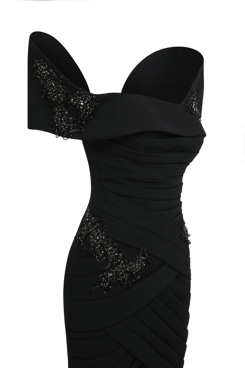 Li Beirut M1127 – Off-Shoulder Draped Mermaid Gown with Embellished Bodice