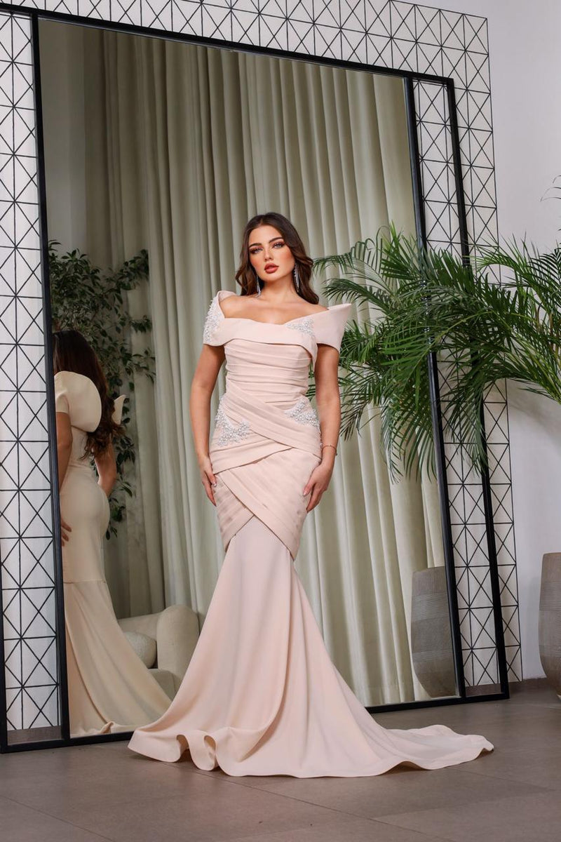 Li Beirut M1127 – Off-Shoulder Draped Mermaid Gown with Embellished Bodice