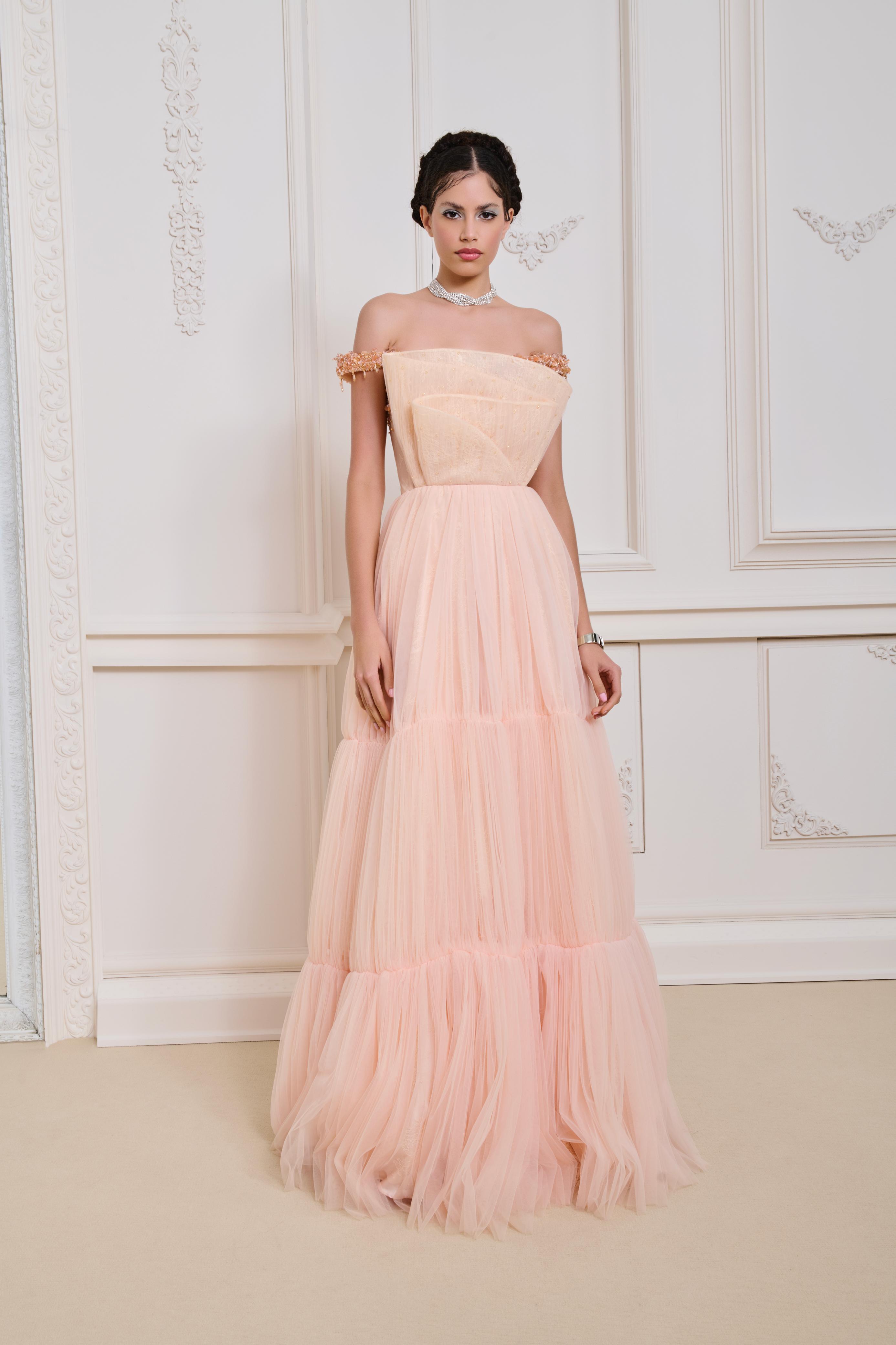 Li Beirut M1128 – Off-Shoulder Floral Tulle Evening Gown with Corset Back
